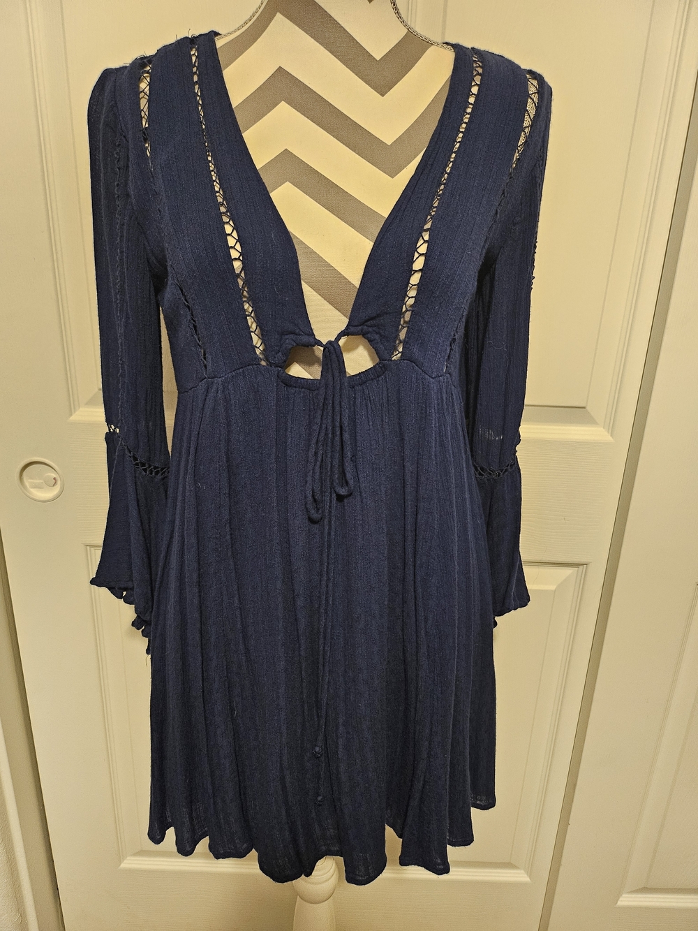 Free People Navy Long-Sleeve Crochet Tie-Front Dress